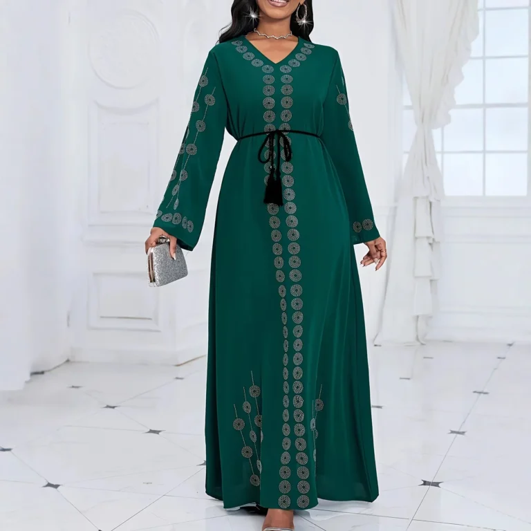 Ladies Long Sleeve V-Neck Printed Gown with Waist Cord Middle East Style Muslim Fashion Women's Dress Elegant Casual Gown - Image 3