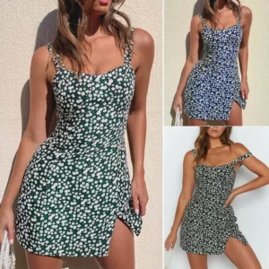 Summer Hot Sale Of The Season Floral Print Off-Shoulder Split Dress Short Sleeve Women's Mini Dress Casual Loose Waist Cross-Bor