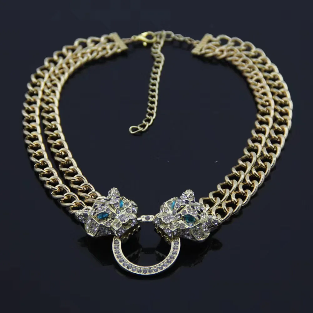 European and American fashion necklace set leopard head full of diamond pendant fast sell necklace female short collarbone chain - Image 3