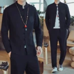 Chinese Style Men's Linen Suit Retro Tang Costume Long Sleeve Youthful Comedian Gown Buttoned Ancient Style Men's Long Pants