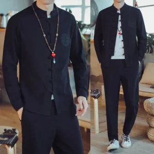 Chinese Style Men's Linen Suit Retro Tang Costume Long Sleeve Youthful Comedian Gown Buttoned Ancient Style Men's Long Pants