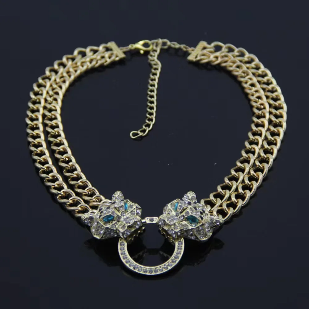 European and American fashion necklace set leopard head full of diamond pendant fast sell necklace female short collarbone chain - Image 2