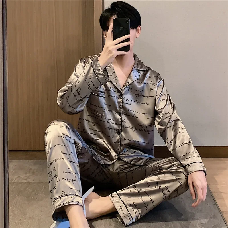 Spring Autumn Thin Ice Silk Sleepwear Long Sleeve Pants Set for Men V-Neck Home Clothes Lightweight Comfortable Size plus