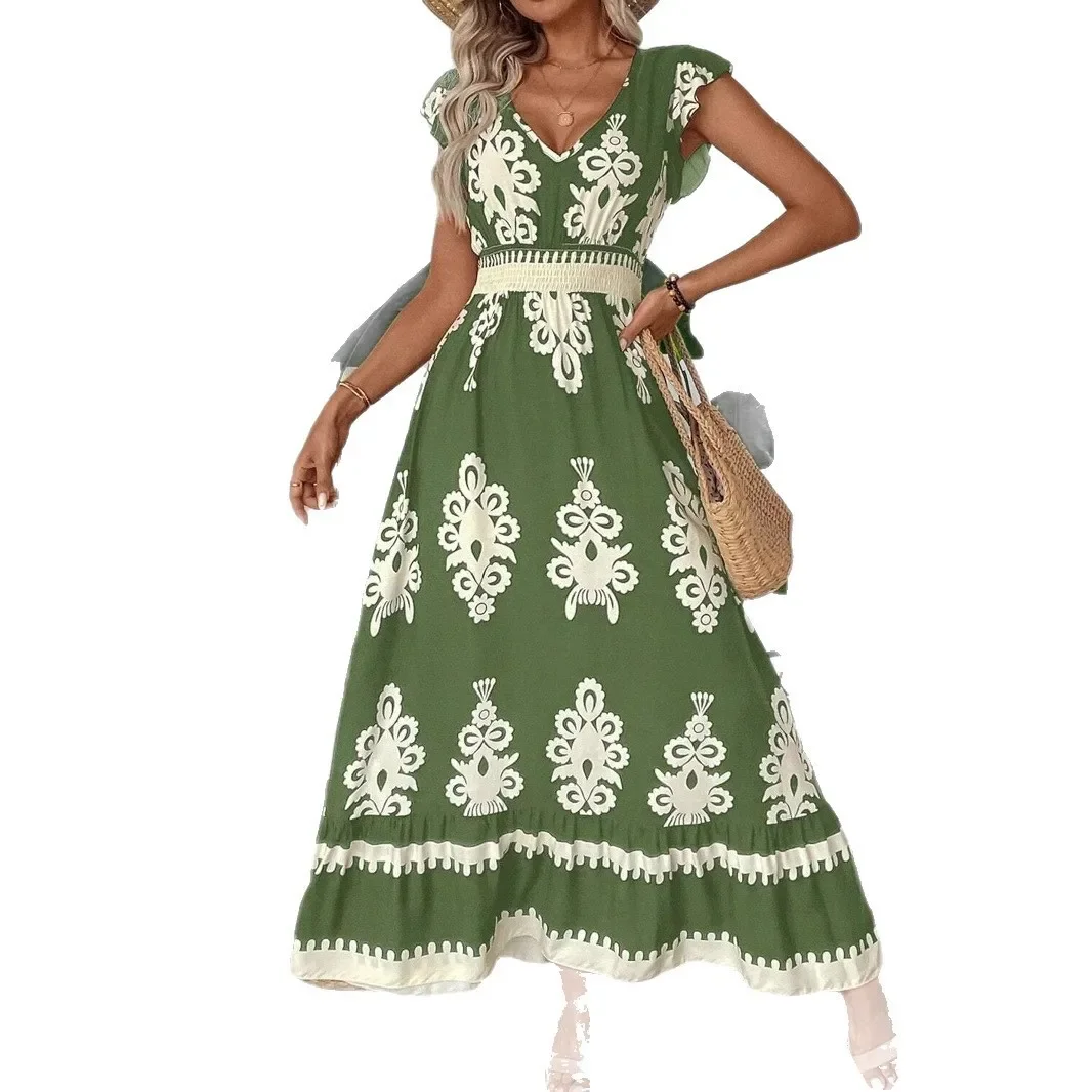 New Fashionable Summer Long Printed Neckline Women's Dress Cotton Waist Cinched V-neck Ankle-length Short Sleeve Dress - Image 5
