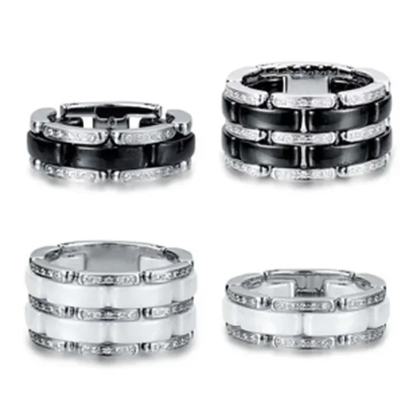 Couple's Wide Single Row Diamond Embedded Ceramic Titanium Steel Ring Black White Titanium Steel Finger Ring Jewelry Accessory - Image 2