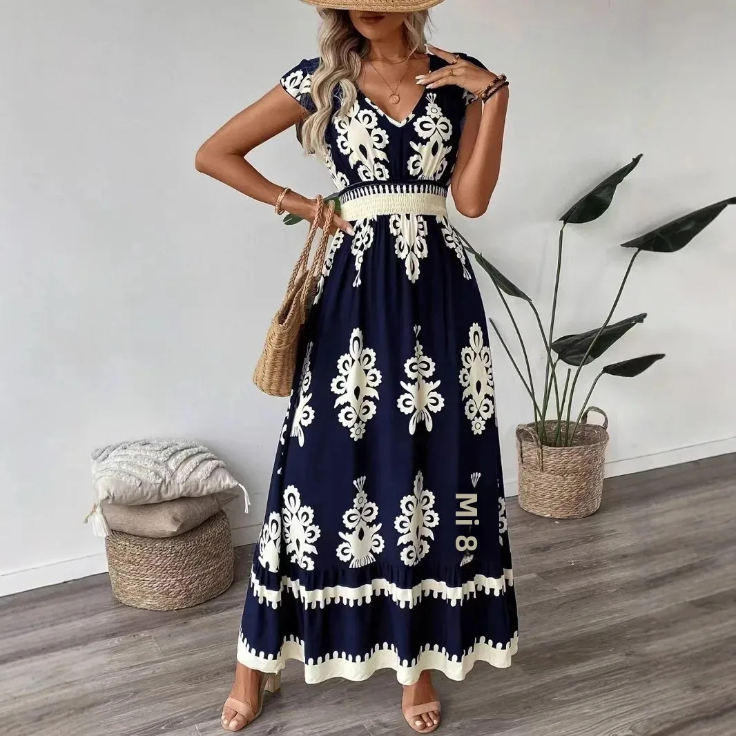 New Fashionable Summer Long Printed Neckline Women's Dress Cotton Waist Cinched V-neck Ankle-length Short Sleeve Dress - Image 2