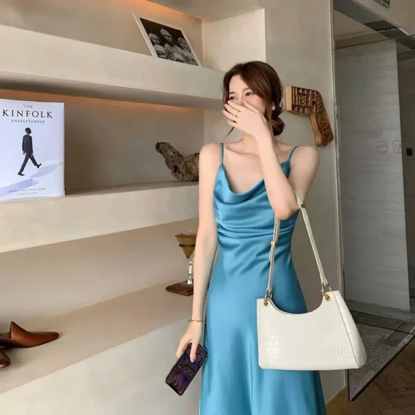 Chiffon Fabric Strap Midi Dress Women's Summer New Gentle Wind Slim Waist A- Line Skirt Polyester Fiber Sleeveless Knee-Length - Image 4