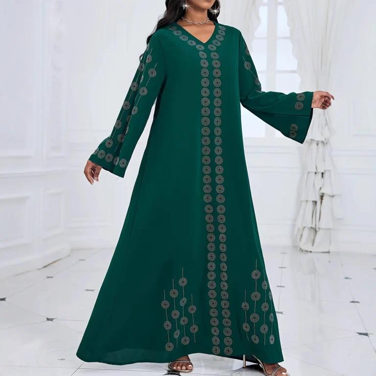 Ladies Long Sleeve V-Neck Printed Gown with Waist Cord Middle East Style Muslim Fashion Women's Dress Elegant Casual Gown - Image 5