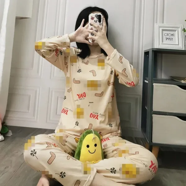 Autumn Winter Long Sleeve Sleepwear Women Spring Thin round Neck Cute Duck Simple Korean Version Ladies Home Clothes Set - Image 2