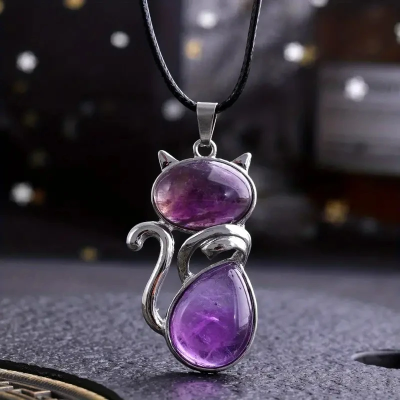 2pcs Natural Amethyst Clusters Paired with Amethyst Cat Necklace, Cute Animal Jewelry, Ideal Gift for Birthdays and Christmas - Image 4