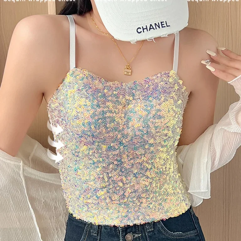 Shiny Sequin Fixed Chest Pad Short Crop Top Women's Strap Vest Tight Sexy Spicy Girl New Hot Sale Of The Season Tighten the Wais - Image 4