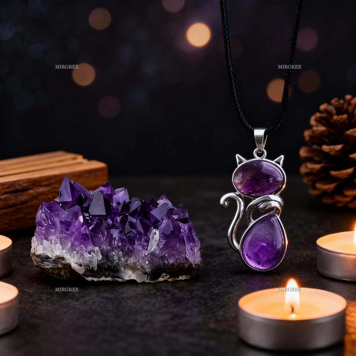 2pcs Natural Amethyst Clusters Paired with Amethyst Cat Necklace, Cute Animal Jewelry, Ideal Gift for Birthdays and Christmas - Image 3