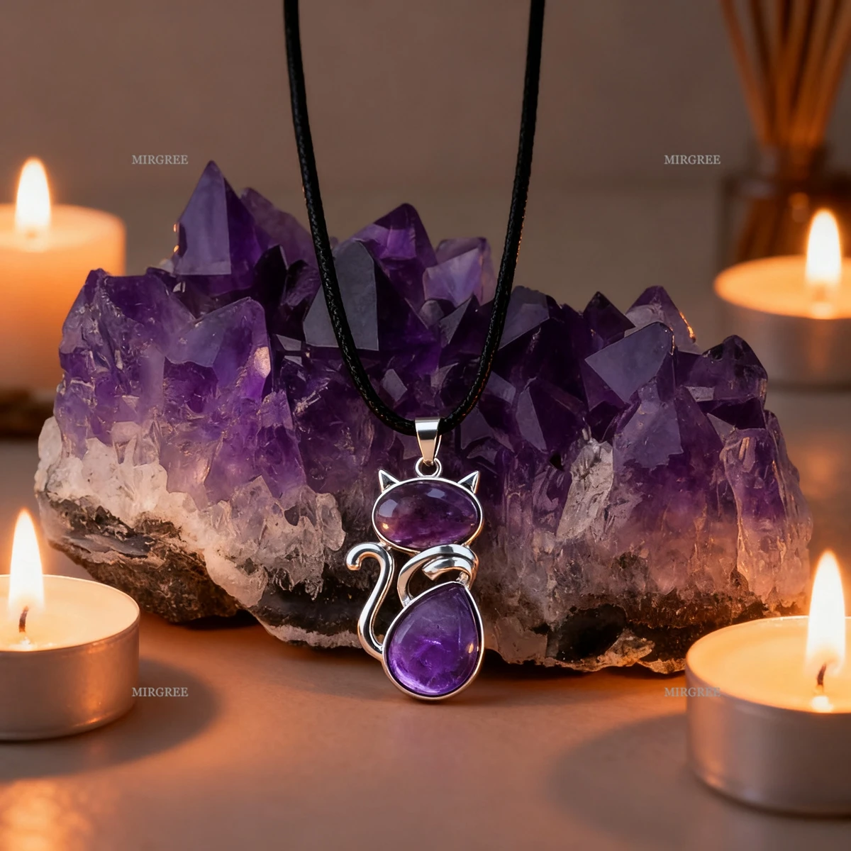 2pcs Natural Amethyst Clusters Paired with Amethyst Cat Necklace, Cute Animal Jewelry, Ideal Gift for Birthdays and Christmas - Image 2