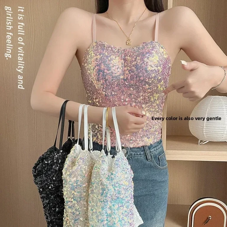 Fashionable Sexy Crop Top Women's Slim Fit Sequin Bright Color Strap Vest Hot Sale Trendy Underwear Home Clothes - Image 3