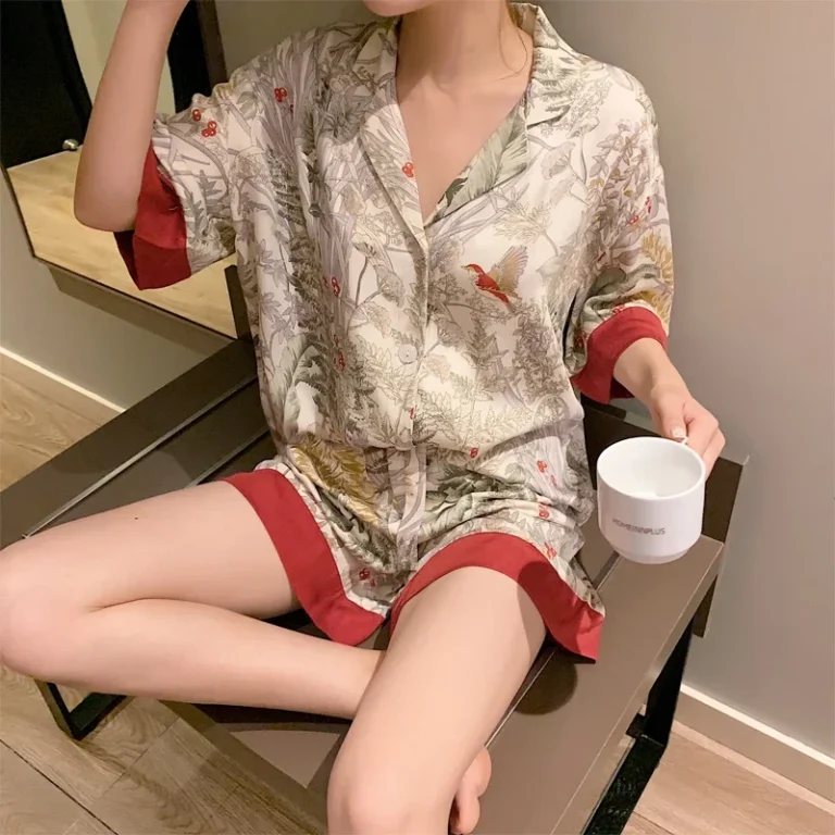 2 Piece Women Set Spring Summer Short Sleeve Pajamas for Woman Silk Fashion Sleepwear Flowers Bird Print Sexy Satin Pajama Set - Image 2