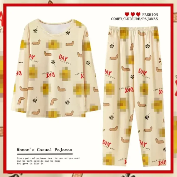 Autumn Winter Long Sleeve Sleepwear Women Spring Thin round Neck Cute Duck Simple Korean Version Ladies Home Clothes Set - Image 3