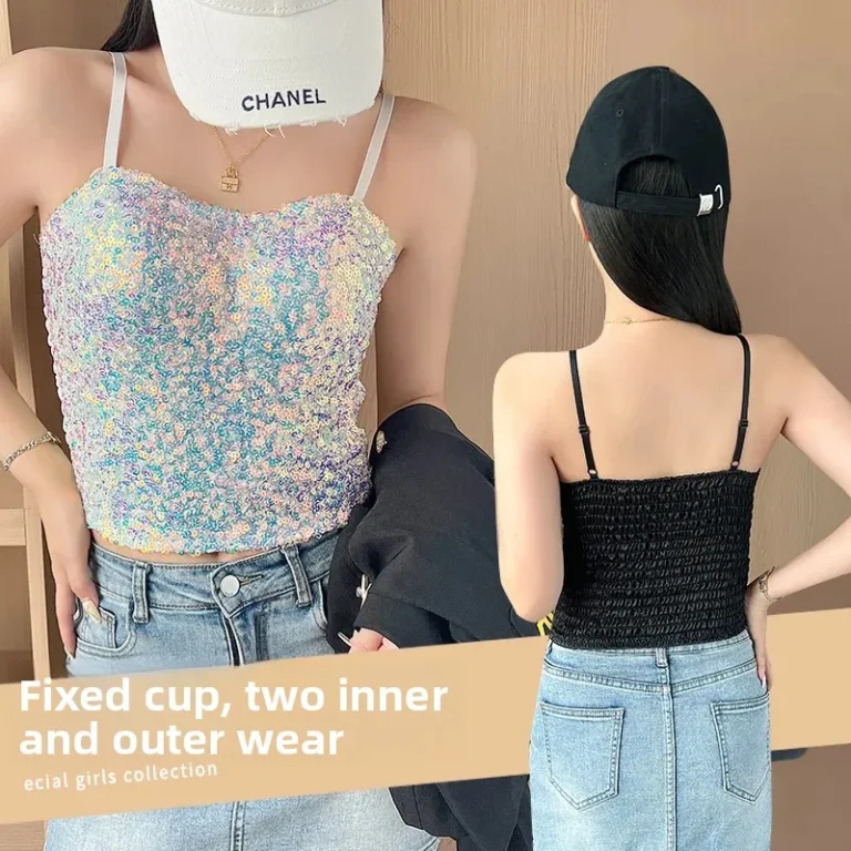 Fashionable Sexy Crop Top Women's Slim Fit Sequin Bright Color Strap Vest Hot Sale Trendy Underwear Home Clothes - Image 4