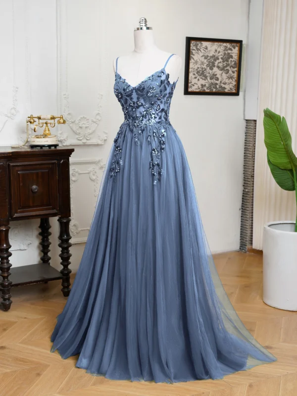 MisShow Sling Evening Dresses Sexy Spaghetti Straps V-Neck Illusion Sequins Appliques Prom Dress A-Line Train High Split Gowns - Image 3