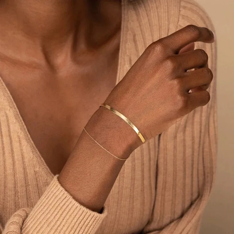 Vintage Stainless Steel Gold Plated Flat Snake Chain Bracelets Bangles For Women Herringbone Chain Accessories Jewelry Gift - Image 3