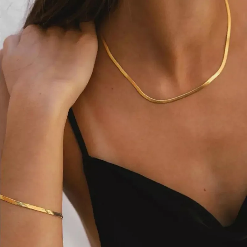 Vintage Stainless Steel Gold Plated Flat Snake Chain Bracelets Bangles For Women Herringbone Chain Accessories Jewelry Gift - Image 2