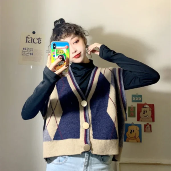 Autumn/winter Korean Knitted Cardigan Vest Casual Loose Outer Vest Retro Diamond Pattern Knitted Tops Sweet Sleeveless Knitwear - Image 6