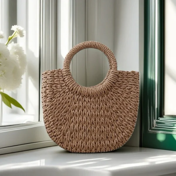Handwoven Rattan Beach Bag Boho Half-Moon Purse Large HollowOut Tote Summer Crossbody Shoulder Bag Women's Fashion Straw Handbag - Image 5