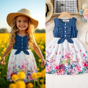 Girls Denim Print Casual Dress with Button Floral Cute Sleeveless knee-length skirt Princess Dress Formal Children's Clothing
