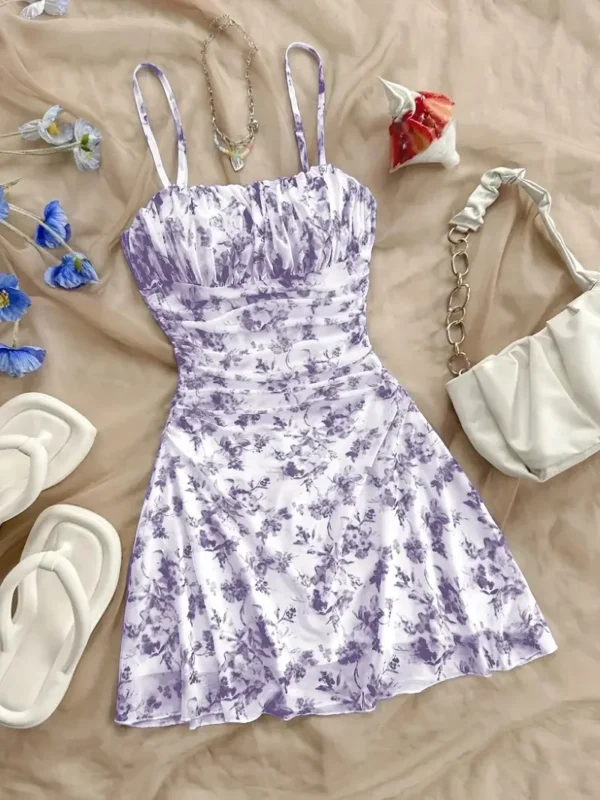 Summer Womens Fashionable Printed Sexy Pleated Dress 2025 Elegant Women's Vacation Style Backless Suspender Beach Mini Vestidos - Image 5