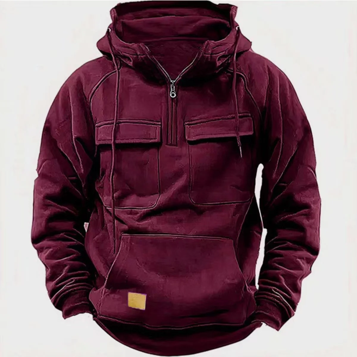 New autumn-winter men's hooded solid-color casual hoodie - fashionable young man's multi-pocket patch hoodie pullover shirt - Image 3
