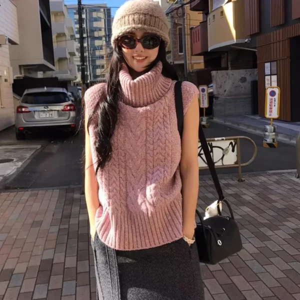New Turtleneck Sleeveless Knitted Sweater Vest Women 2025 Autumn/Winter Casual Knitted Top Women Loose Tank Tops Loose Versatile - Image 5