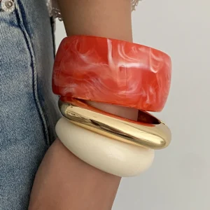 Ingemark 3 Styles Boho Large Geometric Acrylic Resin Wide Bracelets for Women New Trend Hip Hop Metal Bangle Jewelry Accessories