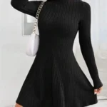 2025 New Fashion Dress Elegant Women Simple Slim Short Dress Solid Striped Long Sleeve Dress Round Neck Commute Street Dress