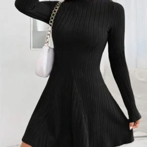 2025 New Fashion Dress Elegant Women Simple Slim Short Dress Solid Striped Long Sleeve Dress Round Neck Commute Street Dress