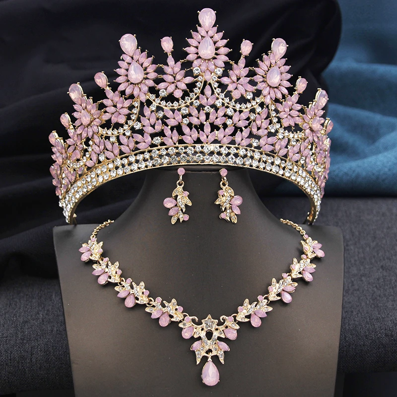 High Opal Pink Tiaras and necklace earrings Bridal Jewelry Sets for Women Brides Wedding Crown Prom Birthday Costume Accessories - Image 2