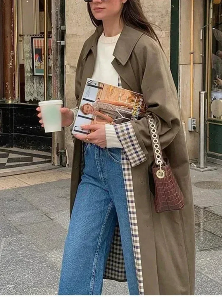 2025 Women Lapel Long Trench Coat Elegant Solid Single Breasted Pocket Loose Windbreaker Autumn Daily Commute Office Outerwears - Image 3