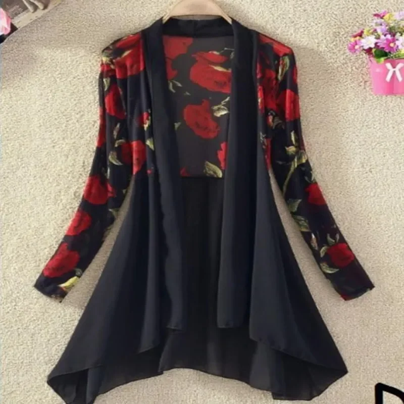 Spring Summer Thin Mid-Long Chiffon Blouses Women 2026 New Fashion Loose Casual Tops Sunscreen Shirt Printing White Female - Image 4