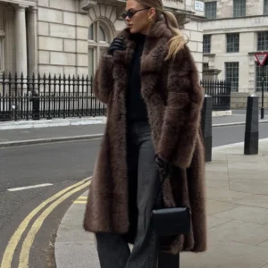 Women's Casual Lapel Faux Fur Long Coat Loose Solid Color Full Sleeve Furry Jackets Ladies Fashion Winter Warm Streerwear Coats