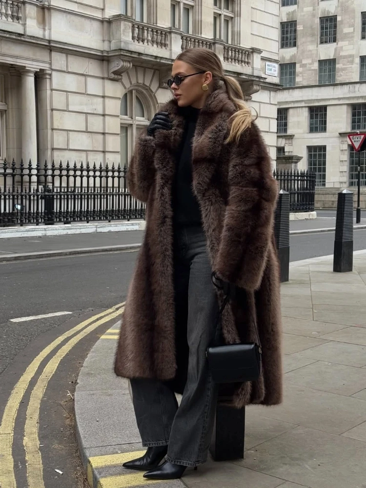 Women's Casual Lapel Faux Fur Long Coat Loose Solid Color Full Sleeve Furry Jackets Ladies Fashion Winter Warm Streerwear Coats