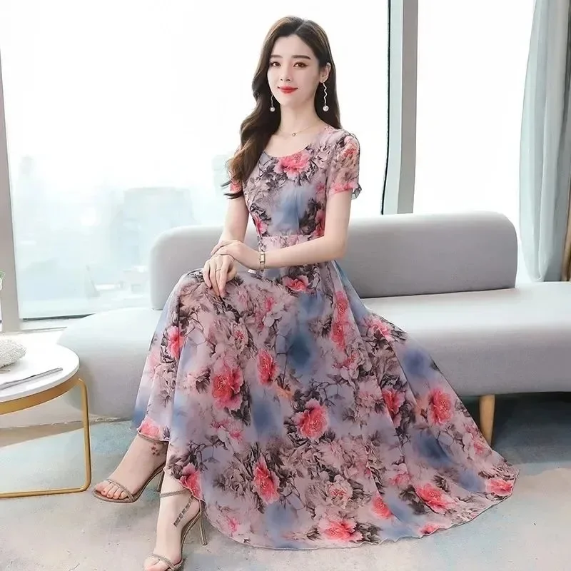 Fashionable V-neck Ice Silk Printed Dress Slimming Knee-length Ultra-long Korean Style Spring Summer New Arrival Dress - Image 4