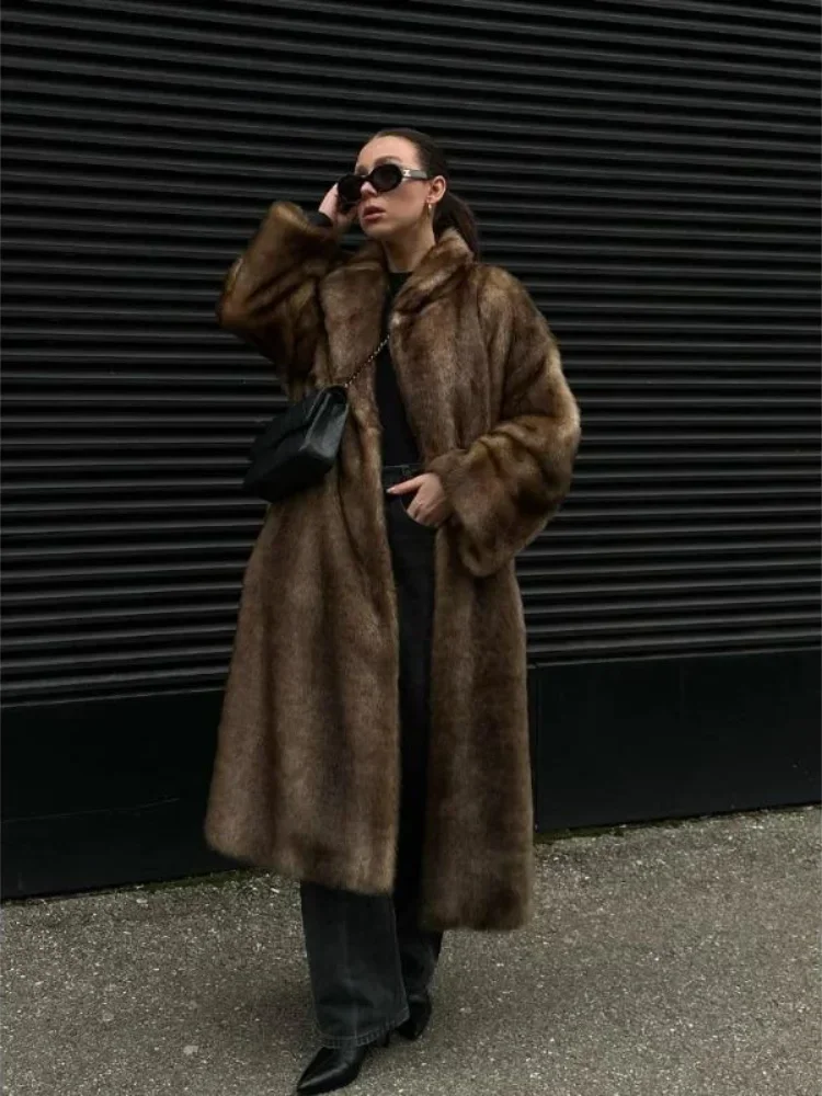 Fashion Mixed Color Lapel Collar Woman Long Coat Elegant Full Sleeve Loose Overcoat New Winter Lady High Street Faux Fur Jacket - Image 2