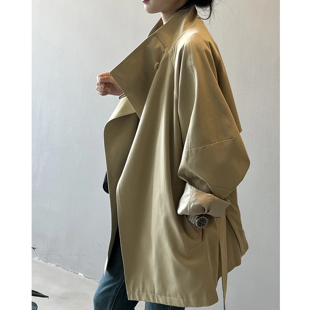 2025 Women Autumn Khaki Trench Coat Stand Collar Women Loose Style Coat With Belt Casaco Feminino New Trench Femme - Image 6