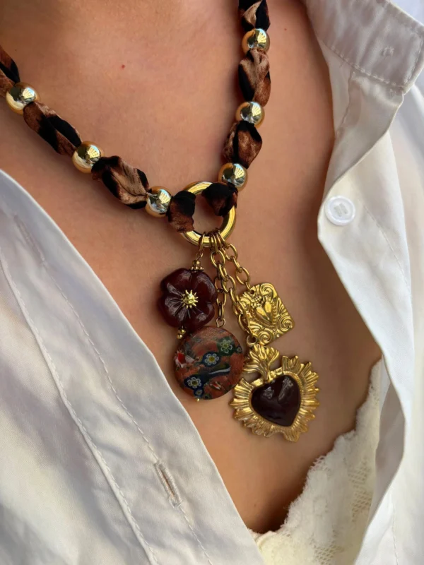 GHIDBK Stainless Steel Enamel Heart Resin Flower Geometric Pendant Necklace for Women Vintage Leopard Print Rope Chain Jewelry - Image 2