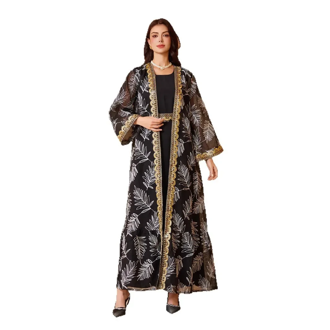 Elegant Muslim Two-Piece Set Gold Embroidered Mesh Patchwork Dubai Summer Fashion Women's Top Quality Material from China - Image 5
