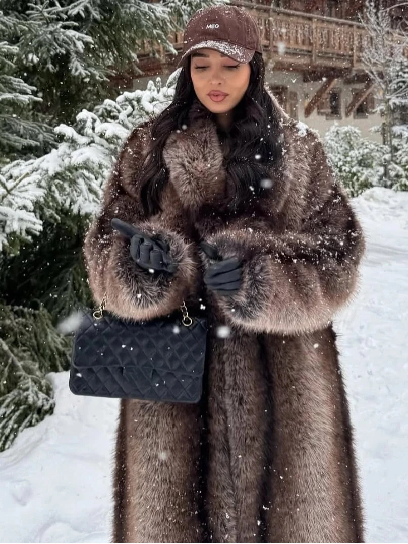 Women's Casual Lapel Faux Fur Long Coat Loose Solid Color Full Sleeve Furry Jackets Ladies Fashion Winter Warm Streerwear Coats - Image 3
