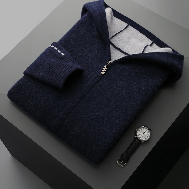 Zipper autumn and winter new 100% cashmere men o collar sweater loose fashion cardigan slim warm knit solid color long sleevetop - Image 5