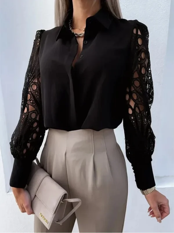 Women's Blouse White blank Elegant V-neck Lace Sleeve Cut-out Patchwork Office Commuter Black Shirt For Female - Image 2