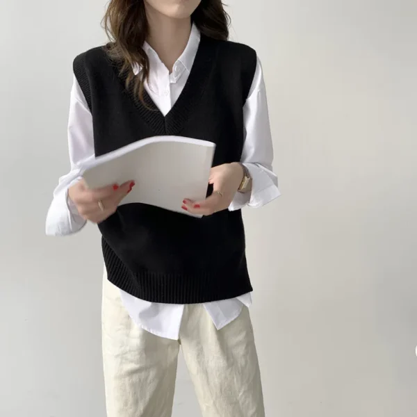 Basic Gray Sweater Vest Women College Style Korean Sleeveless Knitted Vest Spring Autumn Solid Color Casual V-Neck Waistcoat - Image 4
