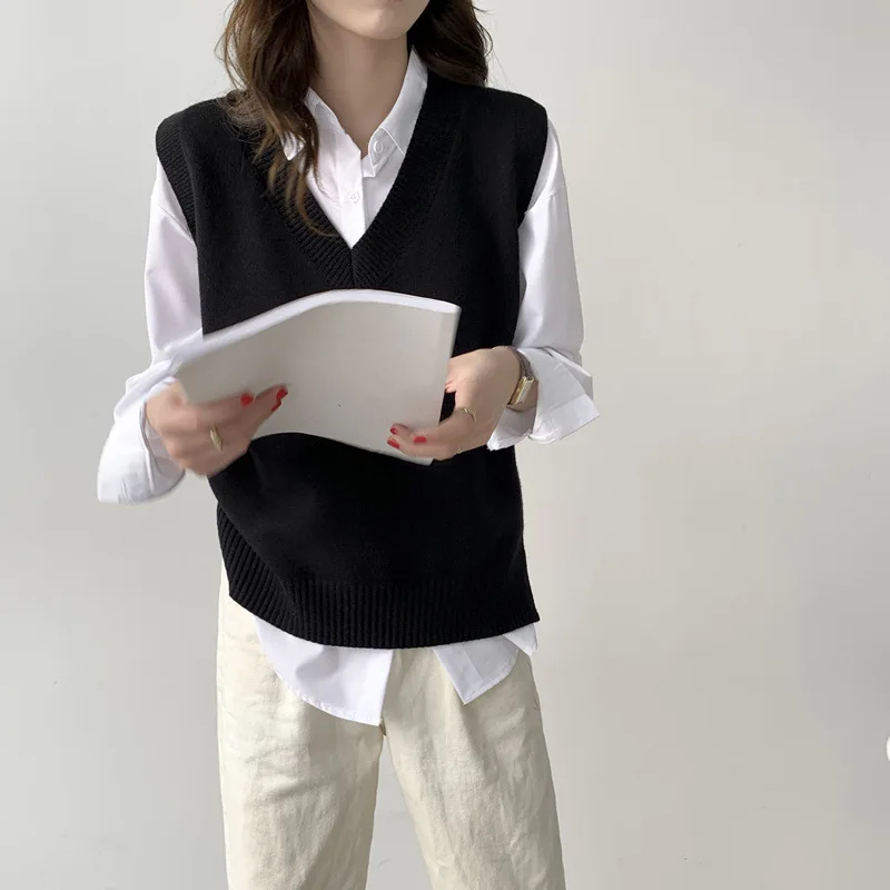 Basic Gray Sweater Vest Women College Style Korean Sleeveless Knitted Vest Spring Autumn Solid Color Casual V-Neck Waistcoat - Image 4