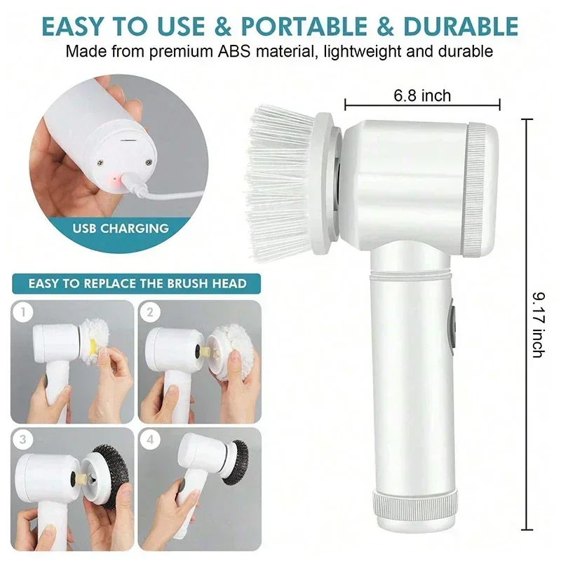 Electric Spin Scrubber, Bathroom Cordless Cleaning Brush Power Scrubber with 5 Replaceable Brush Heads, Electric Cleaning Brush - Image 2