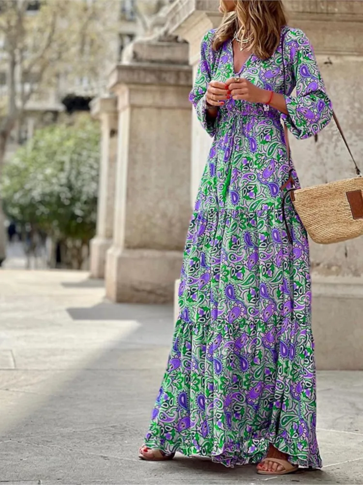 Women's Autumn New Fashionable Printed Sexy V-neck Long Sleeve High Waist Elastic Waist Medium Length Bohemian Dress - Image 4